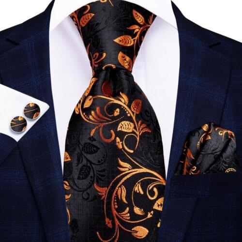Hi-Tie Gold Black Floral Paisley Mens Gift Tie Set Silk Wedding Tie For Men Fashion Design Quality Hanky Cufflinks Dropshipping