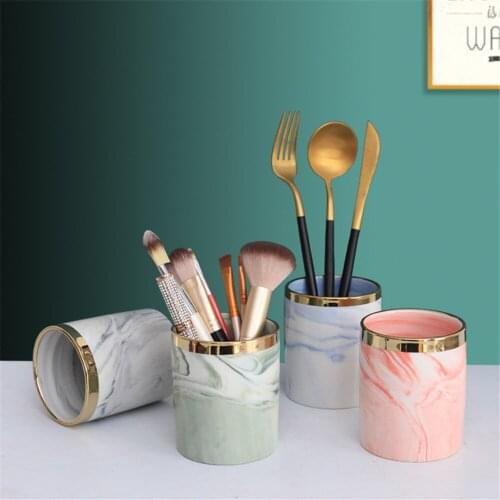 Simple Ceramic Storage Tube Makeup Brush Tableware Storage Marble Mouthwash Cup Beauty Supplies Pen Holder Desktop Decoration