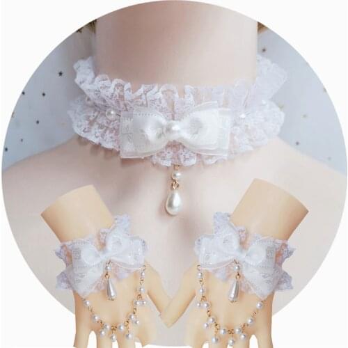 Handmake Lolita Girl KC Bowknot Pearl Pendant Lace Hand Sleeve Bracelet Necklace Women Bride Accessories Ornaments