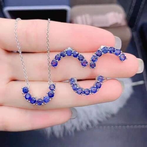 Natural Sapphire/Amethyst Smiling Face Earrings Ring Pendants Necklace Set S925 Silver Fine Fashion Jewelry Women MeibaPJFS