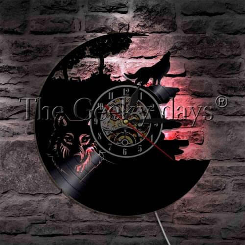 Wildlife Animal Wolf Howling Design LED Light Vinyl Record Wall Clock Modern Wall Lamp Dorest Animals Decorative Lighting