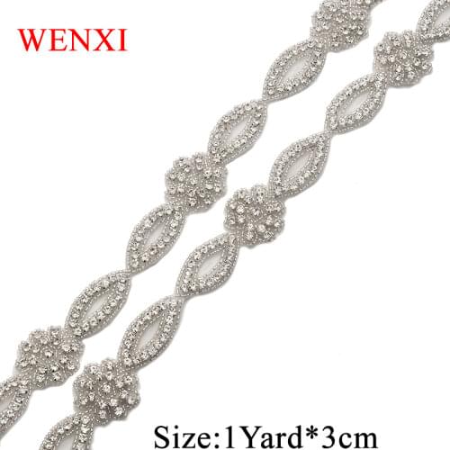 WENXI 1YARD Handmade Sew On Bridal Sash Clear Silver Crystal Rhinestone Appliques Trim For Wedding Dresses Belt Accessory WX860