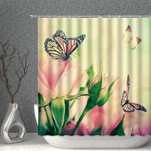 Beautiful Color Butterfly Flower Blue Red Shower Curtain Waterproof Polyester Fabric High quality With Hooks Bath Curtains