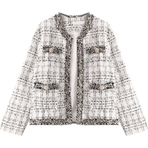 Vintage Winter/Autumn Female Jacket Peral Lurex Tassel Streetwear France style Loose Thick jacket Tweed Top lapel Hand-tassel