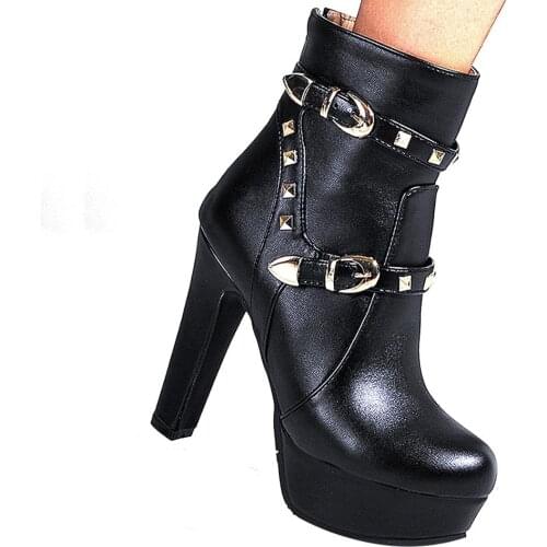 Super High Thick Heel Metal Decorative Platform Ankle Boots Double Belt Buckle Cotton Lining Warm High Heels
