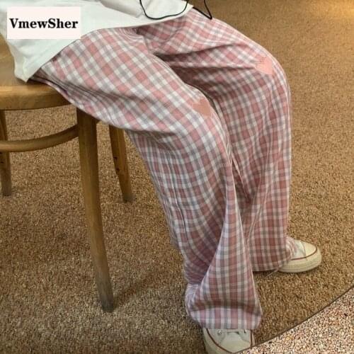 VmewSher New Spring Plaid Women Pants Wide Leg Loose Embroidery Heart Fashion Pink Female High Waist Summer Trousers Sweet Blue