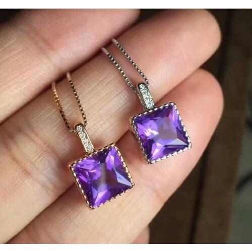 Natural amethyst Pendant natural gemstone crystal pendant 925 sterling silver Elegant cute Simple square Women party jewelery