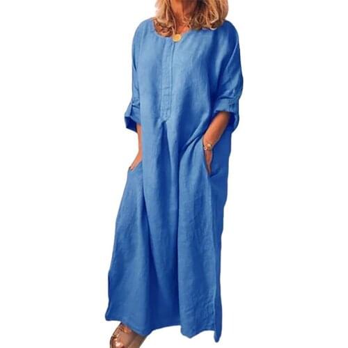 Plus Size Women Dress Spring Summer Vintage Solid Color Long Sleeve O Neck Pockets Maxi Dress Tunic Kaftan Dresses