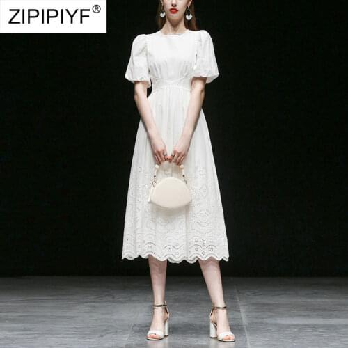 2021 Summer Runway Fashion Simple Design Hollow Out Short Puff Sleeve High Waist Sweet Girl Ball Gown Embroidery Dresses Z080