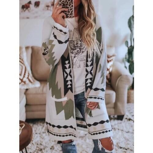 Winter New Women Casual Wool Blends Woven Coat Abstract pattern print Cardigan Jacket Fashion Thin Loose Mid-length Woolen Coats