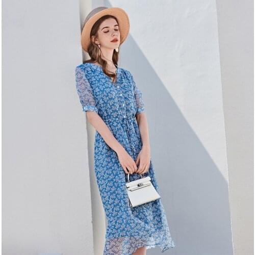 2021 Summer New Silk Dress European And American Women Printed Small V neck Short Sleeve