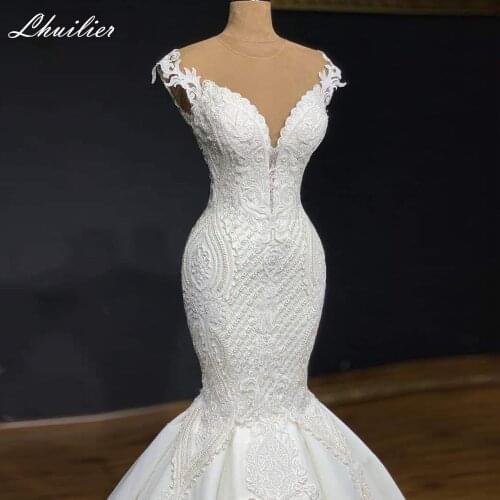 Lhuilier Womens Mermaid Wedding Dresses 2021 Illusion Neck Crystal Beaded Floor Length Bridal Gowns with Lace Appliques
