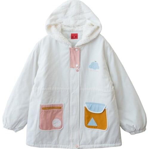 Winter Kawaii Cartoon Women Overcoat Cute Embroidery Thicken Outerwear Warm Long Coats Teen Girl Lamb Hooded Parka Padded Jacket