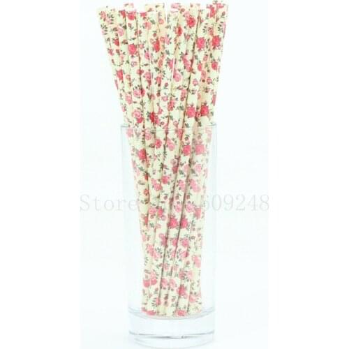 100pcs Vintage Floral Paper Straws Yellow,Flower Paper Straw,Shower Wedding Birthday Party Decoration Cake Pops Mason Jar,Cheap