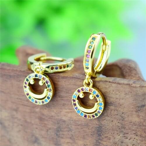2020 New Korean New Lovely Gold Color Smiley Face Stud Earrings Jewelry Simple Round CZ Zircon Crystal Earring for Women Girls