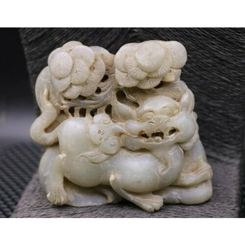 Big Treasure Chinese Vintage Hetian Old Jade Powerful Fu Foo Lion Dog Pie Tree Statue Carving Timestown 20201126A