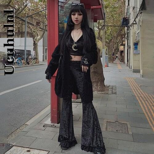 Ucuhulnl Mall Goth High Waist Flared Pants Aesthetic Sexy Lace Patchwork Trousers Women Vintage Elegant Velvet Christmas Pants