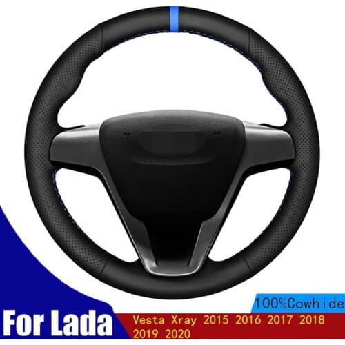 Hand-stitched Car Steering Wheel Cover Soft Black Genuine Leather For Lada Vesta Xray 2015 2016 2017 2018 2019 2020