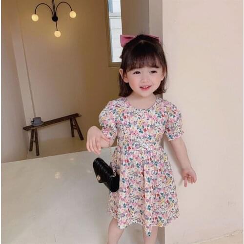 Hollow Out A-Line Dress for Kids 2021 Fashion Summer Clothing Short Sleeve Printed Dress Knee-Length Casual Girls Dresses