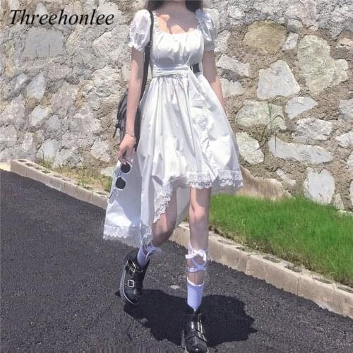 Korean Elegant Womens Dress Square Collar Vintage Puff Sleeve Irregular High Waist A-Line Sweet Lace Splice Female Vestidos