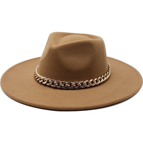Wholesale Fedora New Style Felt Top Hat Jazz Hat Trendy Concave Top European and American Hat Ladies Big Eaves Chain Felt Hat