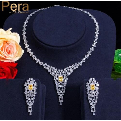 Pera CZ Vintage Big Yellow Cubic Zirconia Pear Shape Luxury Women Party Long Drop Chocke Necklace Jewelry Set For Wedding J140