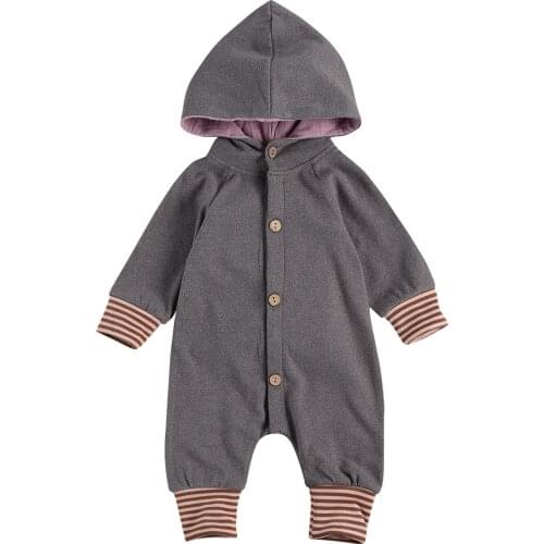 Baby Boy Girl Hooded Rompers Long Sleeve Single Breasted Striped One Piece Suit Long Pants Fall Clothes Jumpsuit