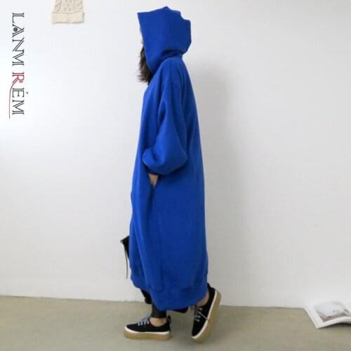 LANMREM 2021 Autumn Winter New Loose Casual Thick Hooded Dress Women Long Blue Color Dresses Female Fashion Clothes 2W660