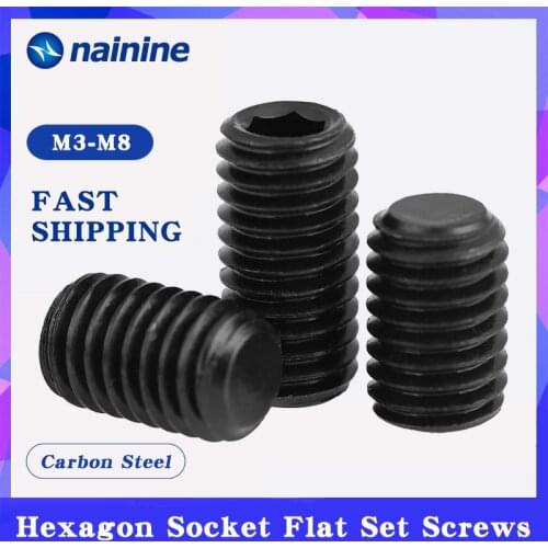 DIN913 [M3-M12] Carbon Steel Metric Thread Grub Screws Flat Point Hexagon Socket Set Screws Black Headless B021