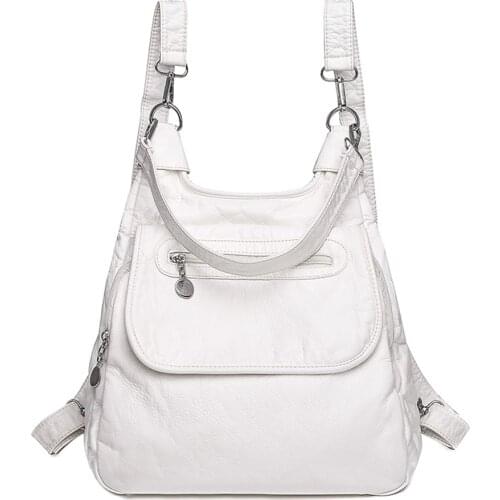 Multifunction Anti-thief Backpack Female Soft Leather Shoulder Bags Large Capacity School Bag Backpacks for Teenager Girls White