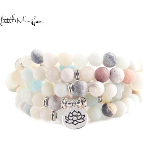 Fashion Womens bracelets bangles Matte Frosted Amazonite beads with Lotus OM Buddha Charm Yoga Bracelet 108 mala necklace