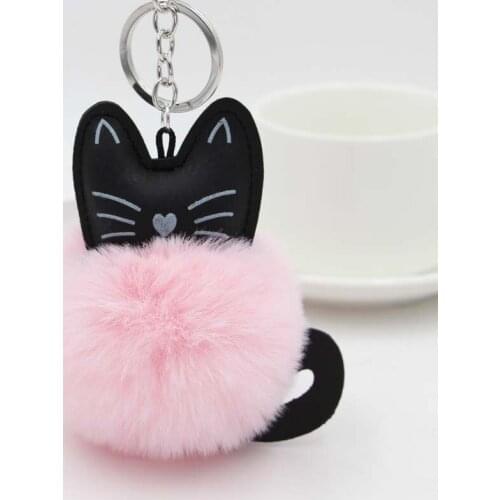 Cartoon Cute Fur Ball Car Keychain Cat Soft Pompom Animal Tail Hair Ball Key Ring Ladies Car Bag Accessories Mom New Gift