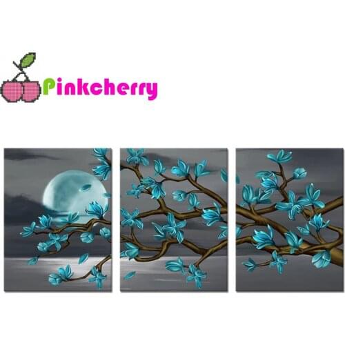 Beautiful Blue Flowers DIY diamond painting full square round drill 3pcs mosaic diamond embroidery full moon scenery k801