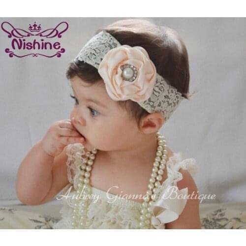 Nishine 10pcs/lot Kids Lovely Girl Lace HairBand Pearl Rhinestone Flower Headband Rose Headwear Hair Band Accessories