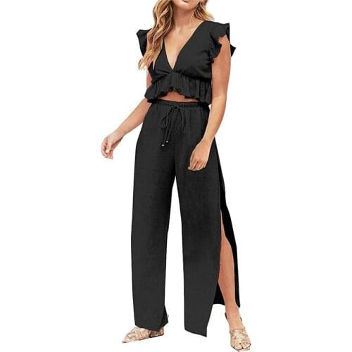 2021 Summer New Women Fashion Sexy Ruffled 2 Two-piece Set Sleeveless Short Top & High Waist Side Slit Trousers Pants Set #T3G
