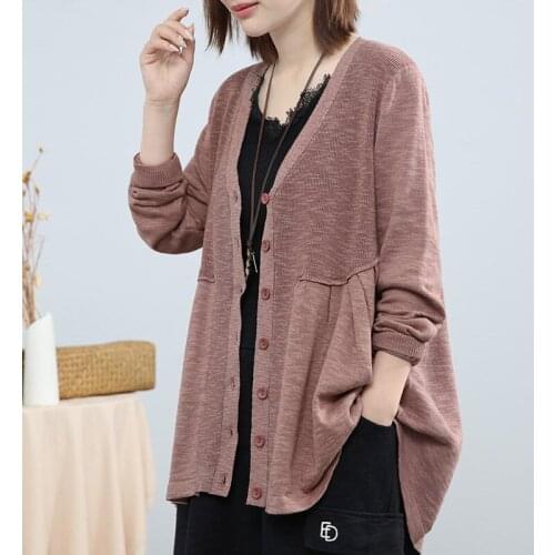 New Loose Thin Coat Female Tops Cotton and Linen Knit Cardigan Womens Solid Color Stitching Temperament Outside Spring Clothes