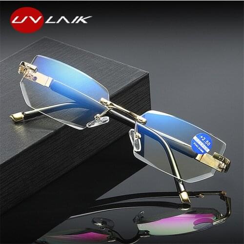 UVLAIK Frameless Square Reading Glasses Men Anti Blue Light Computer Eyeglasses Women Watch TV Newspaper Farsightedness Glasses