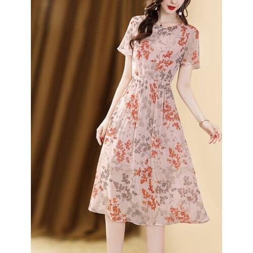 Floral Print Dress For Women A-line Short Sleeve V-Neck Summer Dress Flower High Waist Slim Female Dresses