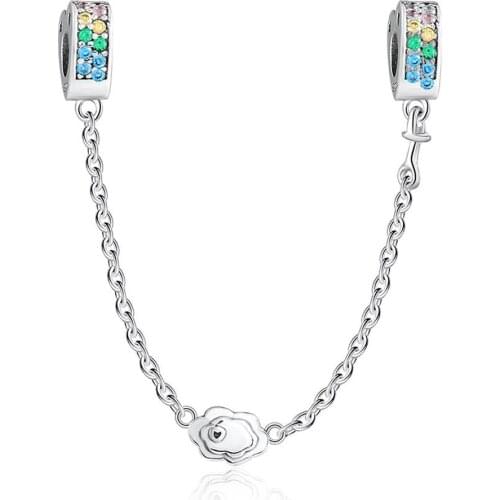 Authentic S925 Multi-colour Arcs Of Love With Crystal Safety Chain Charm fit Lady Bracelet Bangle DIY Jewelry