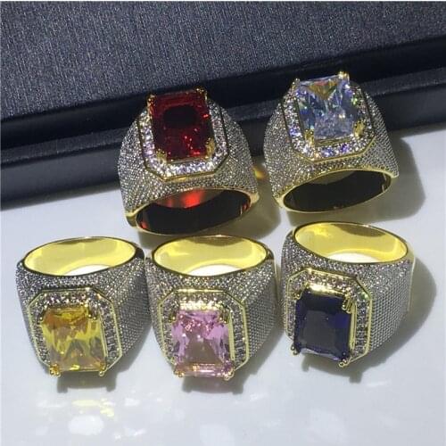 Luxury Big Male Purple Yellow Geometric Ring AAAAA Zircon Stone Engagement Ring 18K Gold Large Wedding Rings For Men