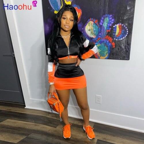 HAOOHU Sexy Satin Two Piece Set Women Tracksuit Summer Clothes Crop Top Bodycon Mini Skirt Matching Sets Lounge Wear Outfits