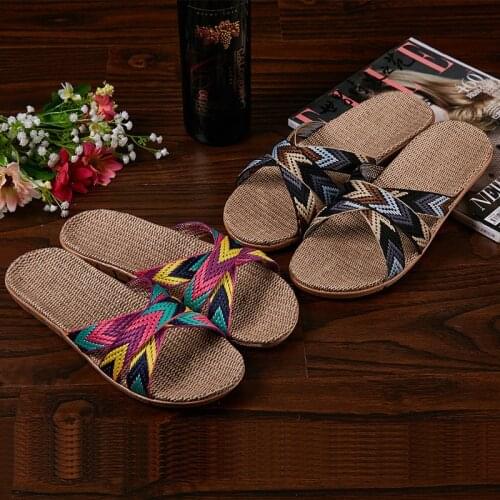Mens Summer Couple Home Shoes Womens/Man Linen Slippers Cross Stripes Flip Flops Female/Male Flax Slides Indoor Bathroom Sandals