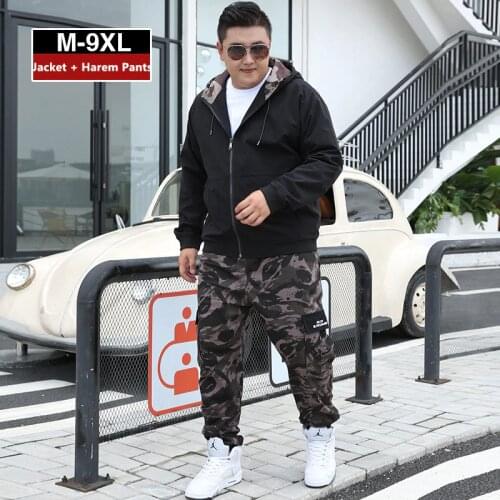 Men Clothes 2020 Tracksuit Harem Cargo Camouflage Jacket Pants 2 Piece Set Mens Hoodies XXXXL Coat Track Suit 6XL 7XL 8XL 9XL