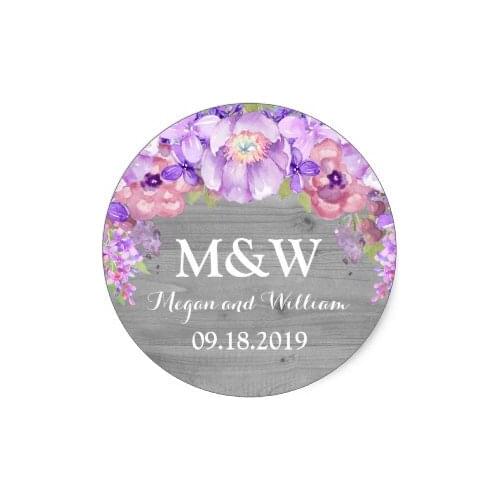 3.8m Grey Wood Purple Lilac Floral Monogram Wedding Tag