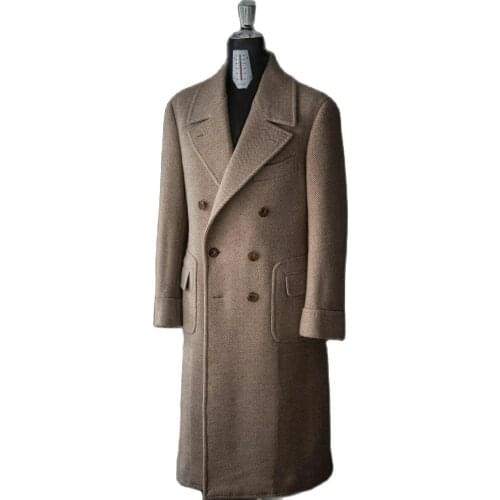 Light Khaki Woolen Long Overcoat Custom Made Men Suits Double Breasted Tuxedos Peaked Lapel Blazer Business Jacket