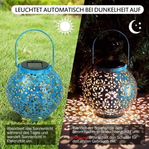 Creative Solar LED Iron Art Hollow Lantern Light Outdoor Decorative Lighting Handheld Hanging Lamp for Garden Yard Pathway