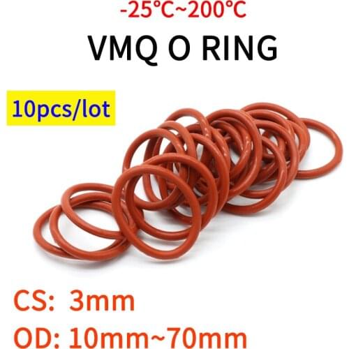 10pcs VMQ O Ring Seal Gasket Thickness CS 3mm OD 10 ~ 70mm Silicone Rubber Insulated Waterproof Washer Round Shape Nontoxi Red