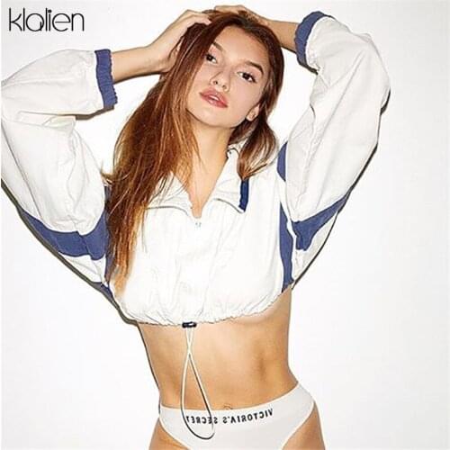 KLALIEN Batwing long sleeve striped patchwork turn-down zipper turtleneck casual short tops 2019 new women fashion sweatshirts