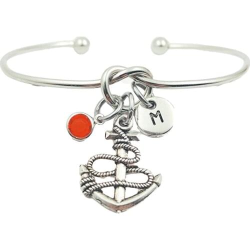 Anchor Rudder Retro Creative Initial Letter Monogram Birthstone Adjustable Bracelet Fashion Jewelry Women Gift Pendant