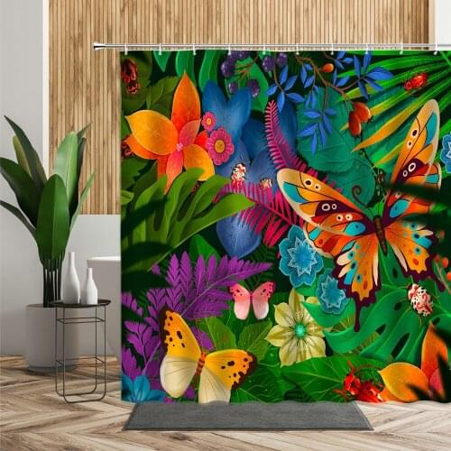 Butterfly Floral Shower Curtains Green Tropical Plant Insect Flowers Bath Home Decors Waterproof Fabric Bathroom Hanging Curtain